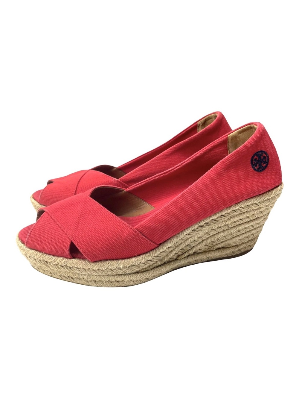 Tory Burch Coral Canvas Espadrille Wedge Peep-Toe Shoes